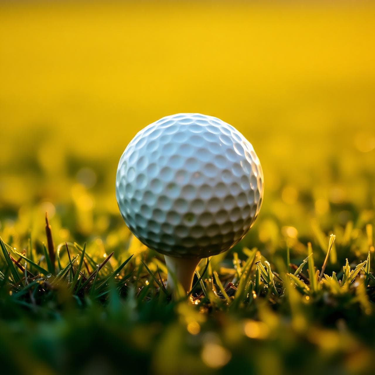 Golf ball on tee at sunrise