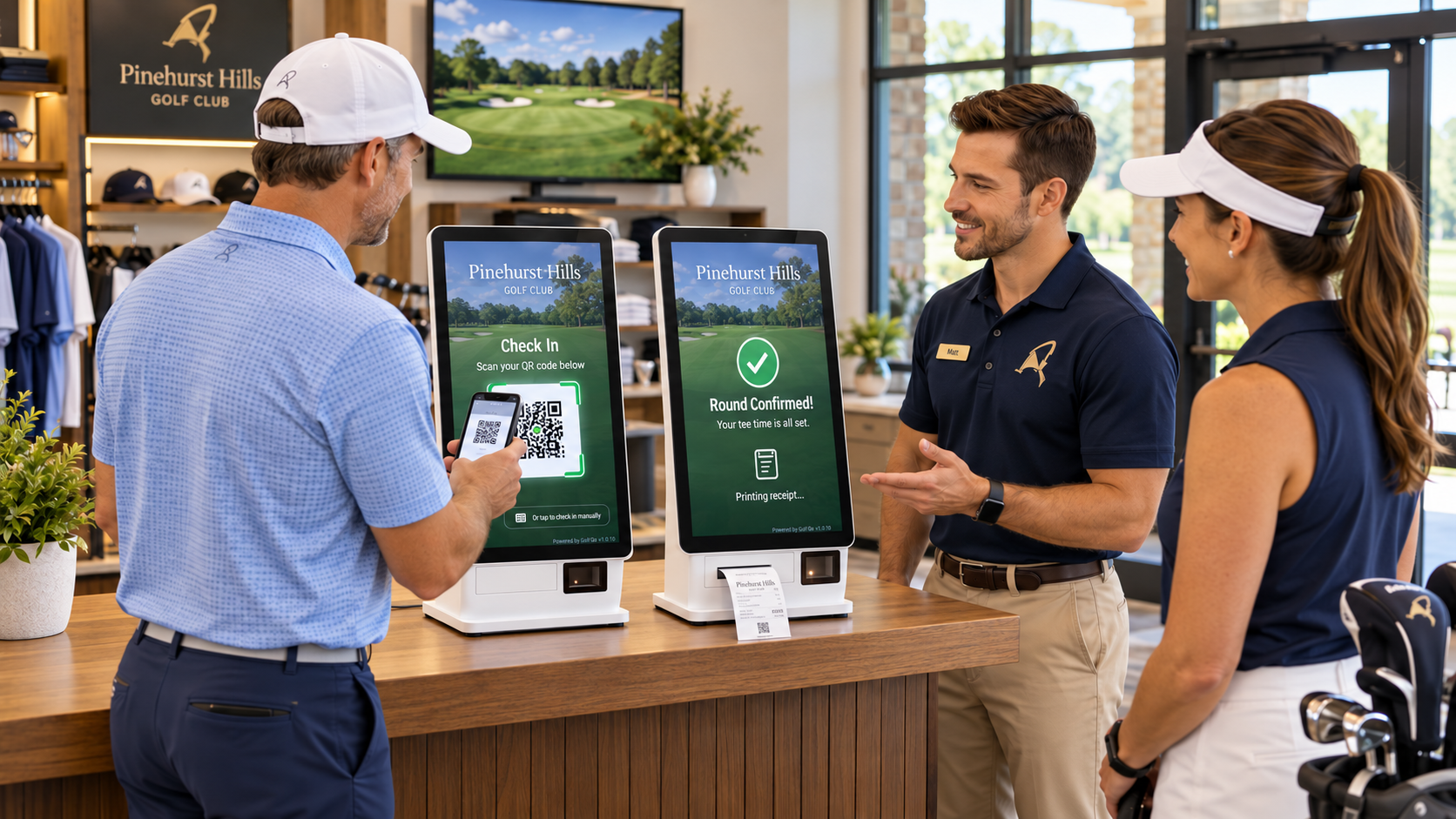 Golfer scanning a QR code at a GolfGo self-service check-in kiosk
